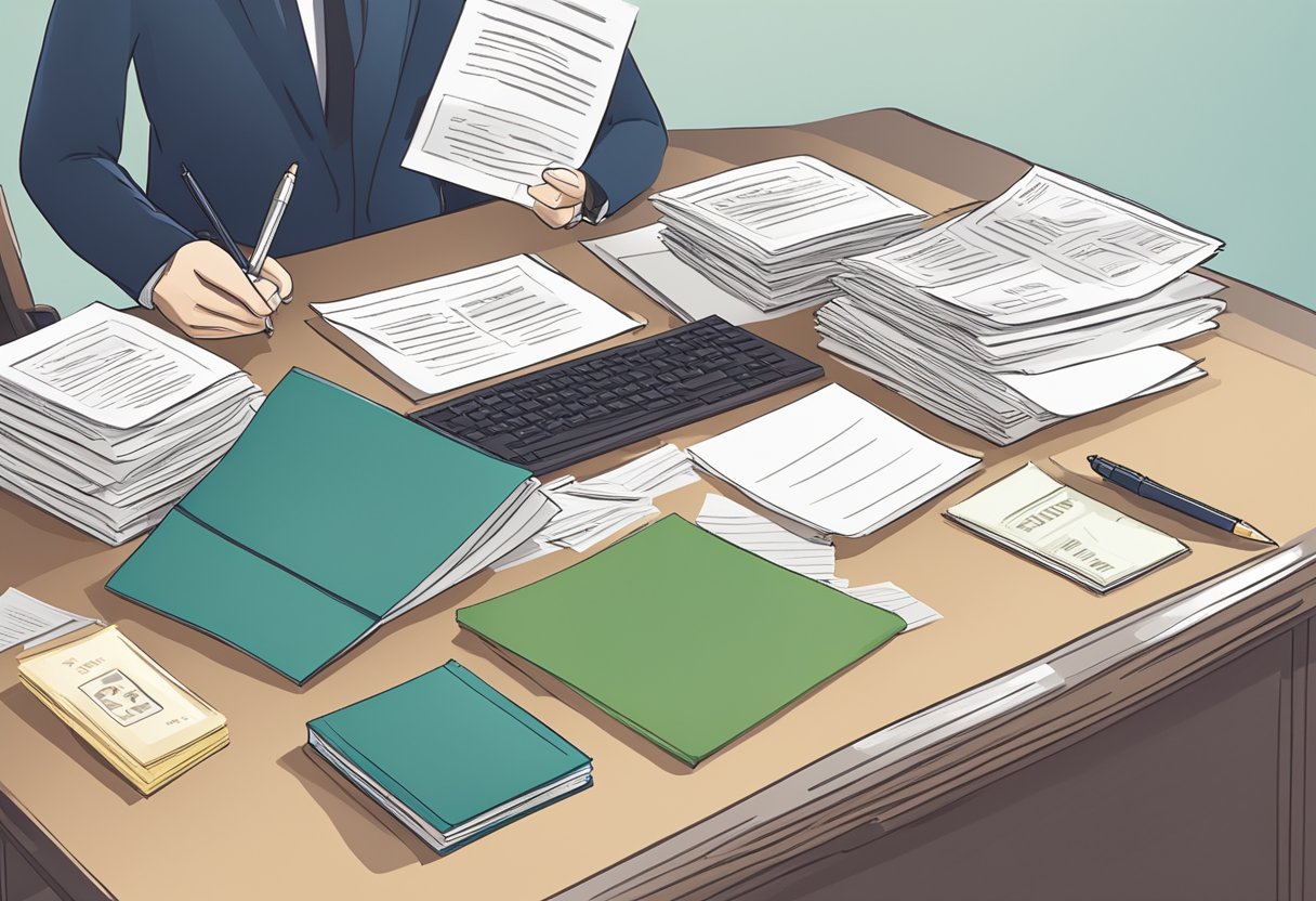 A desk with a stack of papers, a stamp, and a pen. A sign with "Frequently Asked Questions commissioner of oaths Singapore" displayed prominently