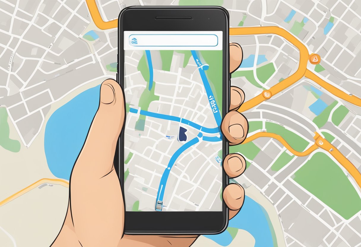 A hand holds a smartphone displaying a Singapore postal code finder app, with a map and search bar visible on the screen
