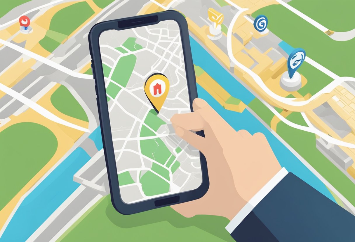 A person pressing a button on a mobile app with a map of Singapore, while a taxi icon shows the location of the nearest available taxi