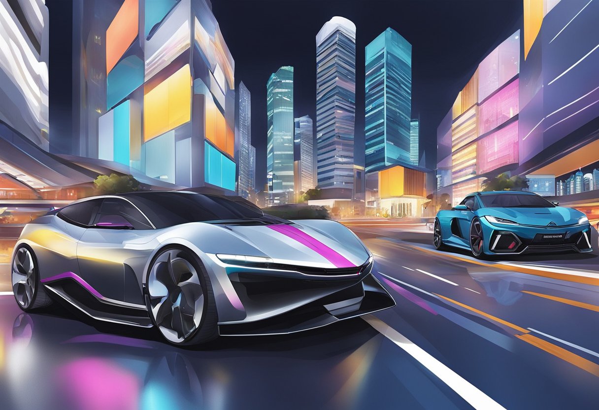 The Singapore Motor Show features sleek cars, vibrant lights, and bustling crowds. The event showcases the latest automotive technology and design