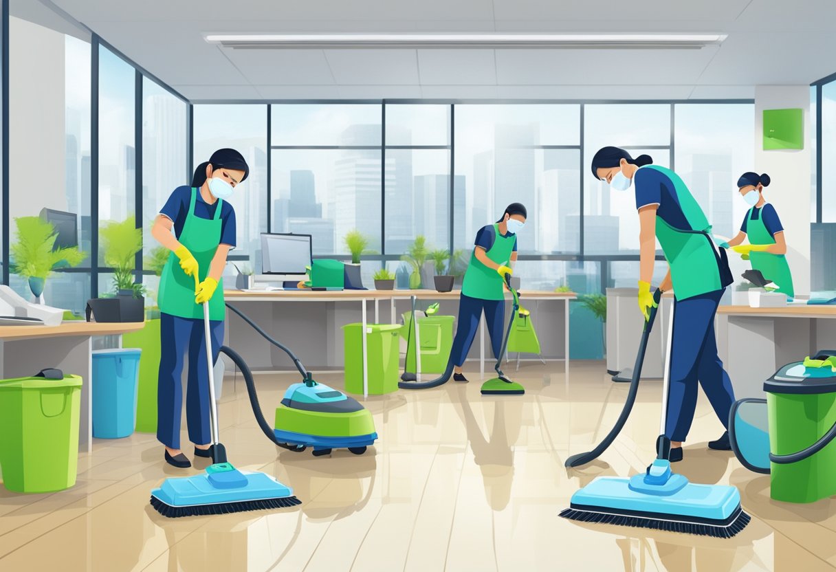 A team of cleaners meticulously scrubbing and disinfecting a Singaporean office, using specialized equipment and eco-friendly cleaning products