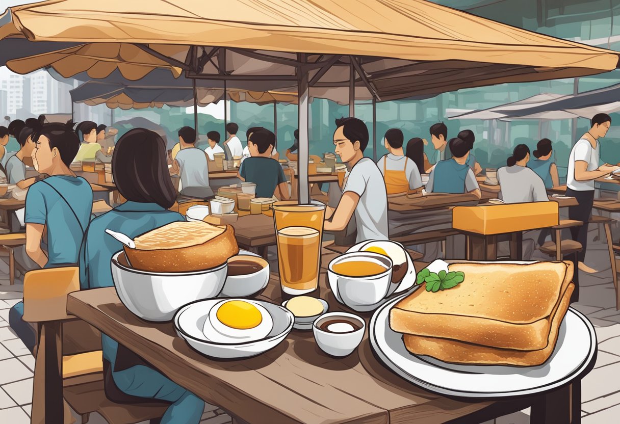 A table set with kaya toast, soft-boiled eggs, and kopi, with a bustling hawker center in the background