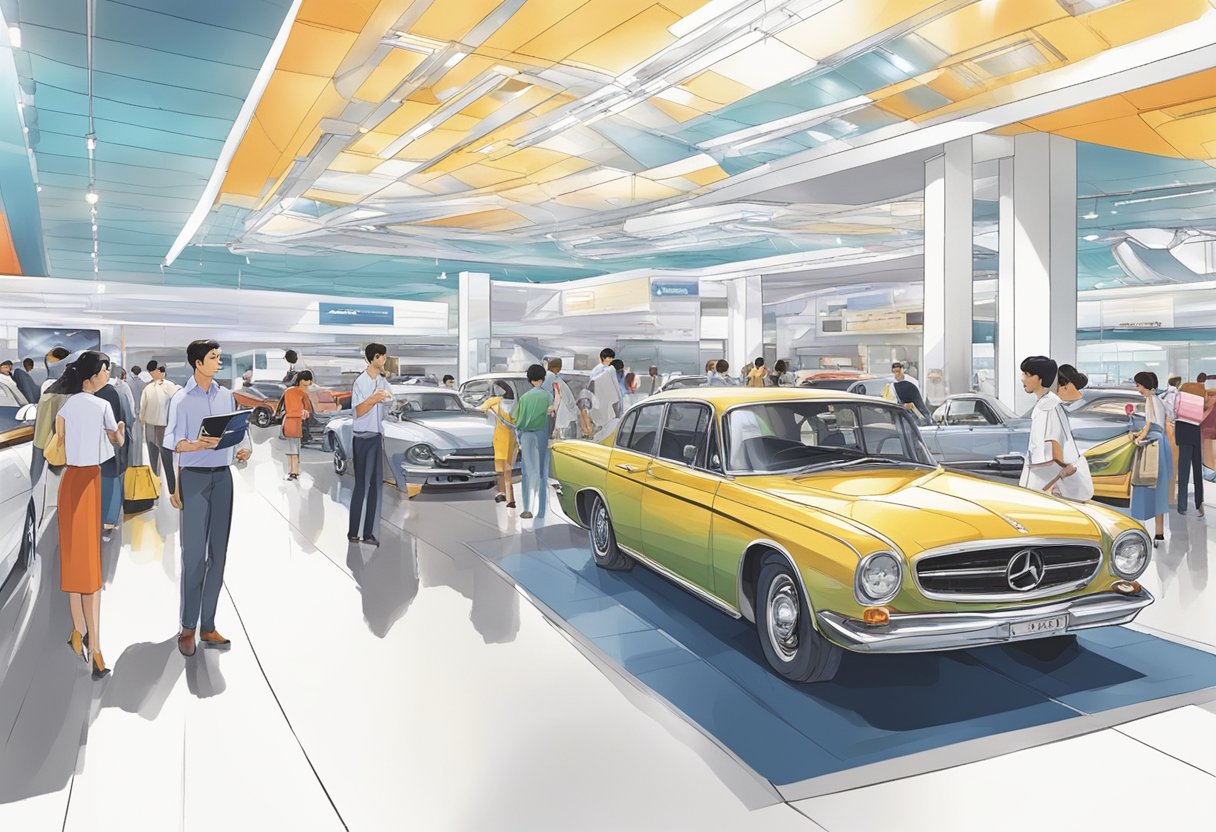 A bustling exhibition hall with sleek cars on display, visitors browsing brochures, and staff providing information at the Singapore Motor Show