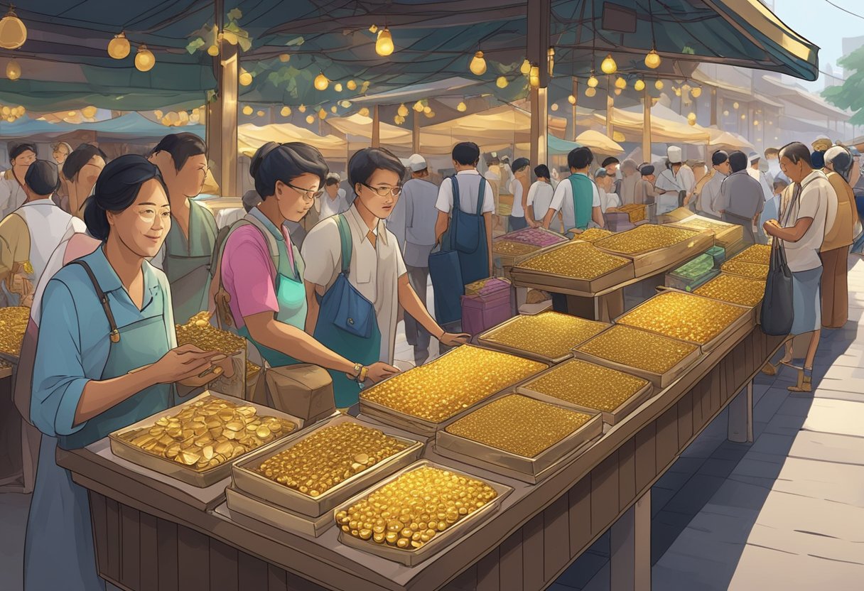 A bustling market in Singapore, with vendors displaying and selling shimmering gold bars and jewelry to eager customers