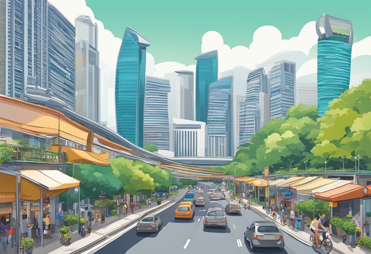 A bustling Singapore street with colorful buildings, bustling traffic, and lush greenery. The iconic Marina Bay Sands and Singapore Flyer are visible in the distance