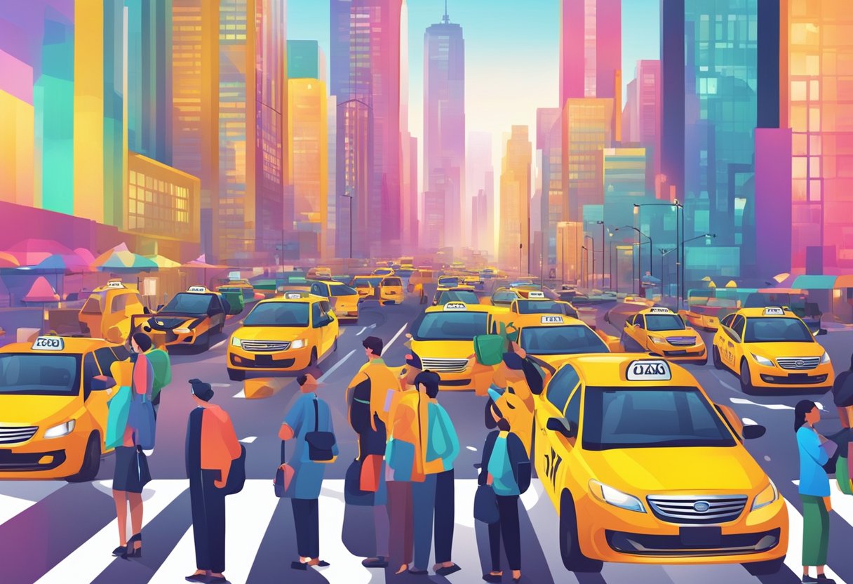 Passengers selecting from a line of colorful taxis. Bright cityscape in the background. Taxi booking app logo displayed prominently