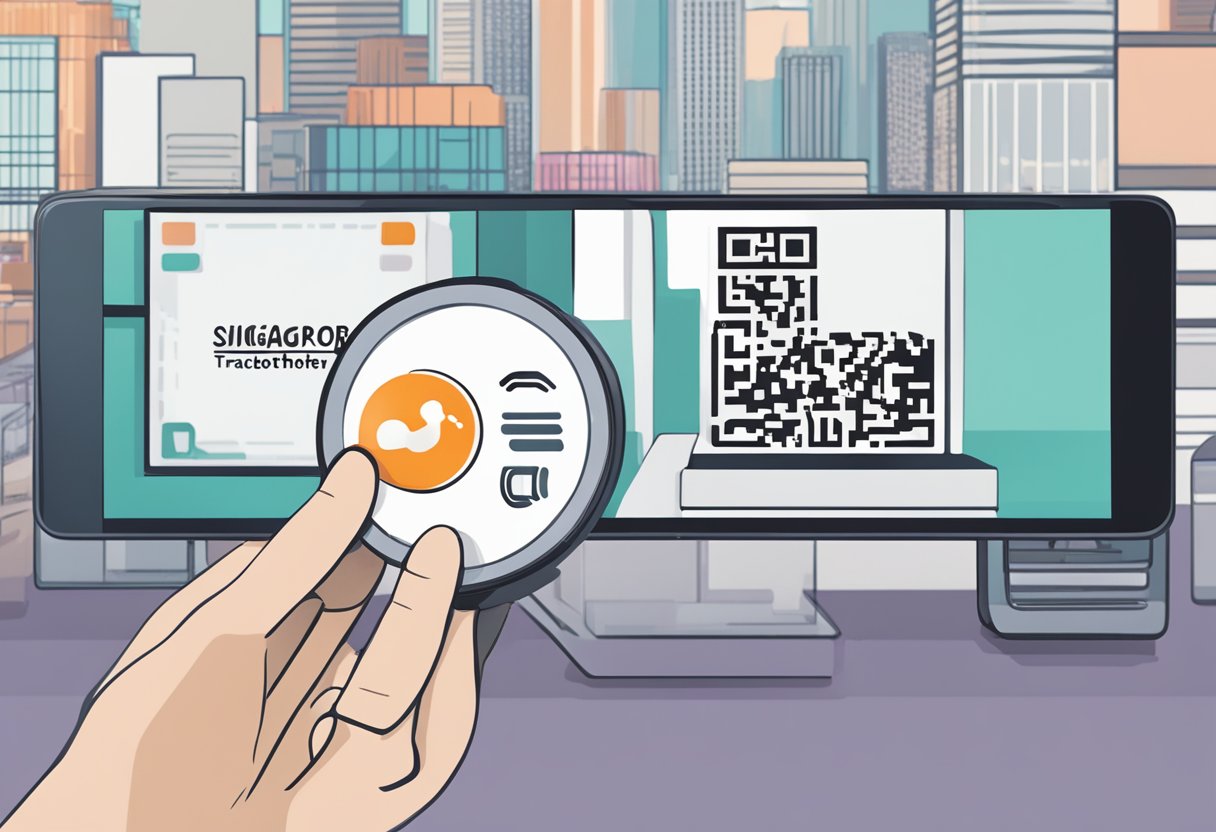 A hand holding a small, circular device with the words "Singapore TraceTogether Token" displayed on its screen. The device has a QR code and a small button on its side