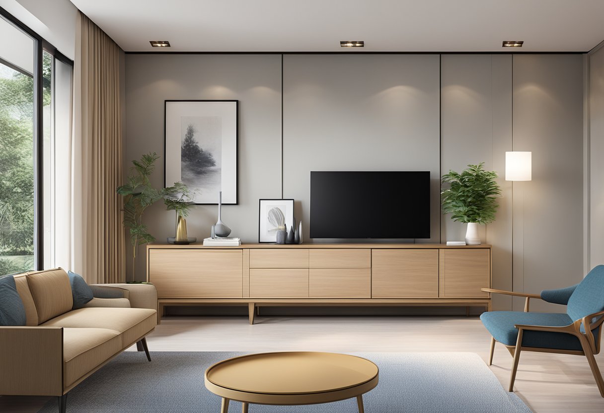 A sleek sideboard cabinet in a modern Singaporean home, with clean lines and minimalist design, showcasing a blend of traditional and contemporary elements