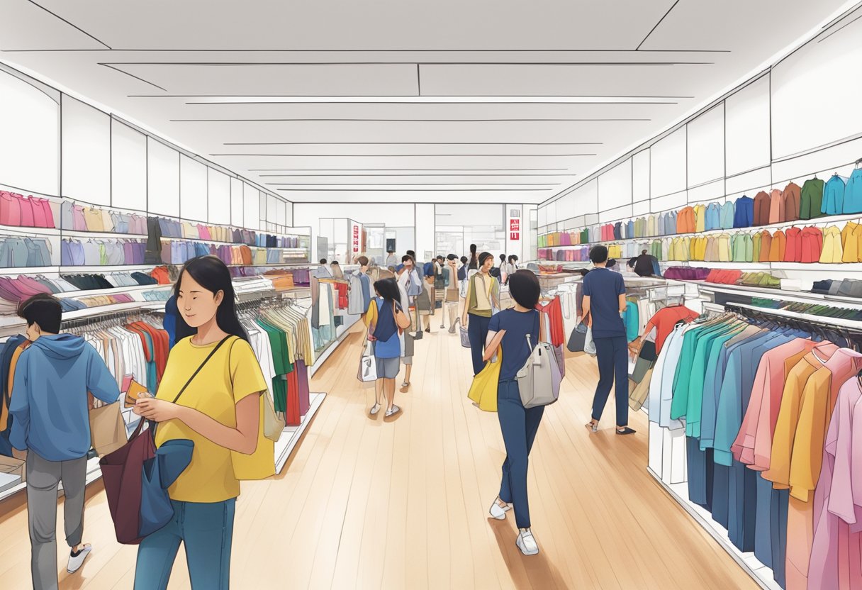 A bustling Uniqlo store in Singapore, with vibrant displays and busy shoppers browsing the latest fashion items