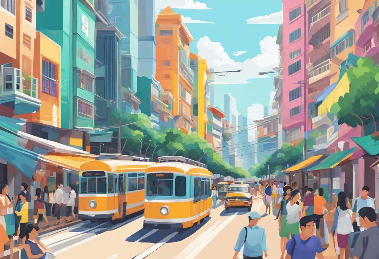 A bustling street in Singapore, lined with colorful buildings and vibrant signs, with people walking and cars driving by