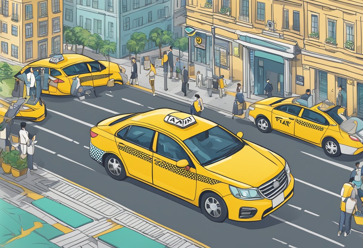 A taxi driving through a bustling city, with a smartphone displaying "Frequently Asked Questions taxi booking Singapore" on the screen