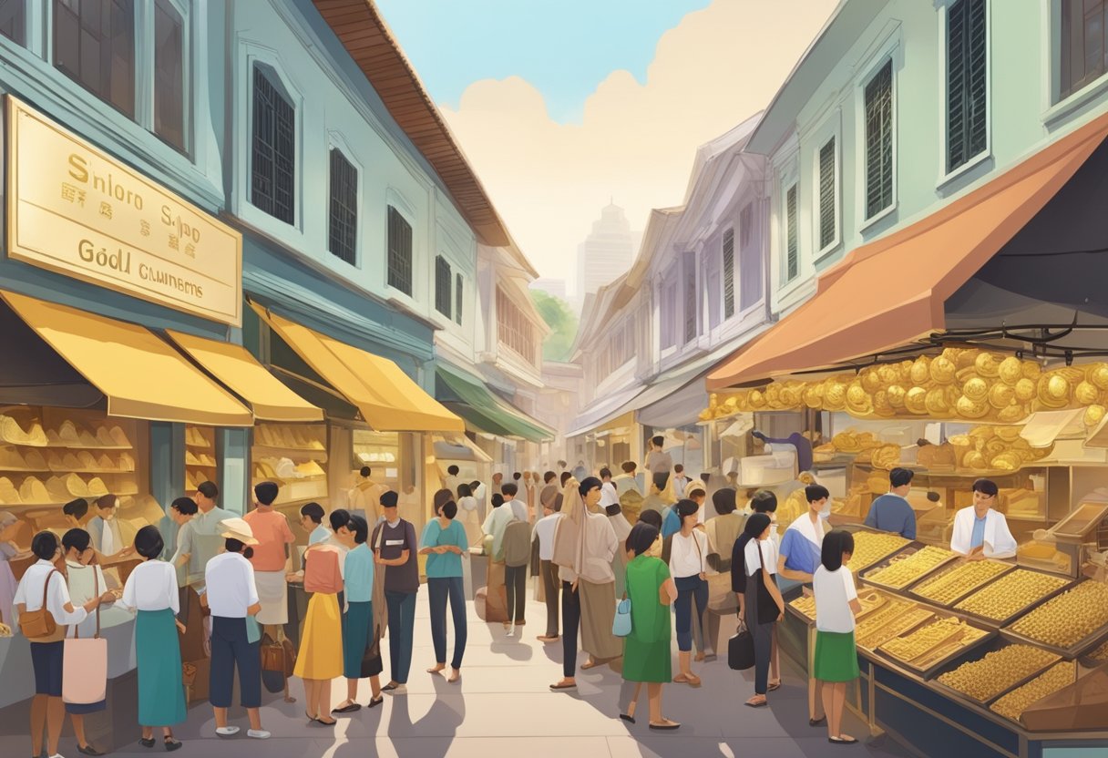 A bustling Singapore market with signs advertising gold buying and selling, people exchanging jewelry for cash, and a prominent gold shop with a queue of customers