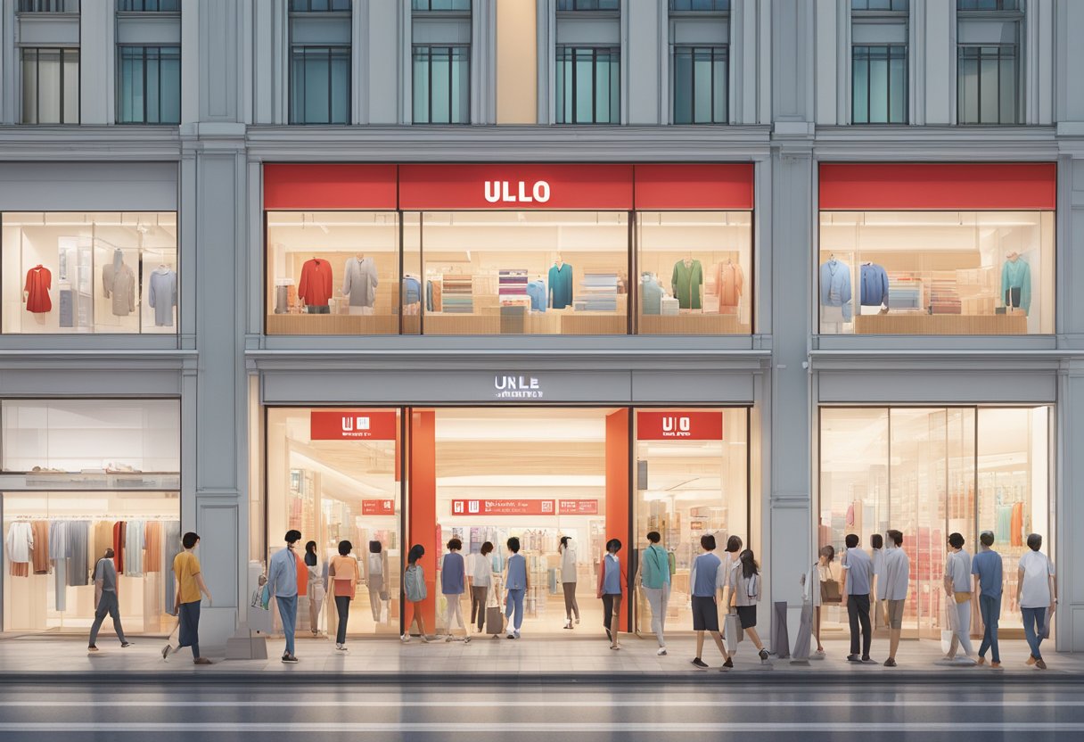 A row of vibrant Uniqlo stores in Singapore, with clear signage and open doors, displaying their opening hours