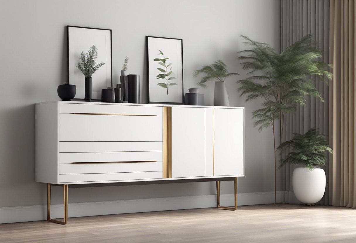 A sleek, modern sideboard cabinet stands against a white wall, with clean lines and minimalistic design. The cabinet features ample storage space and a glossy finish, adding a touch of elegance to the room