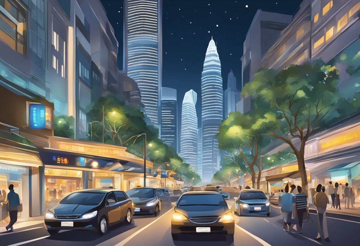 A bustling Singapore street with iconic landmarks, bustling traffic, and vibrant city lights at night