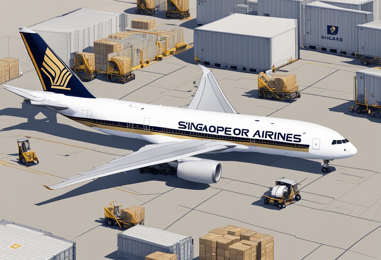 A Singapore Airlines cargo plane sits on the tarmac, surrounded by cargo containers and ground crew. The iconic logo is prominently displayed on the tail of the aircraft