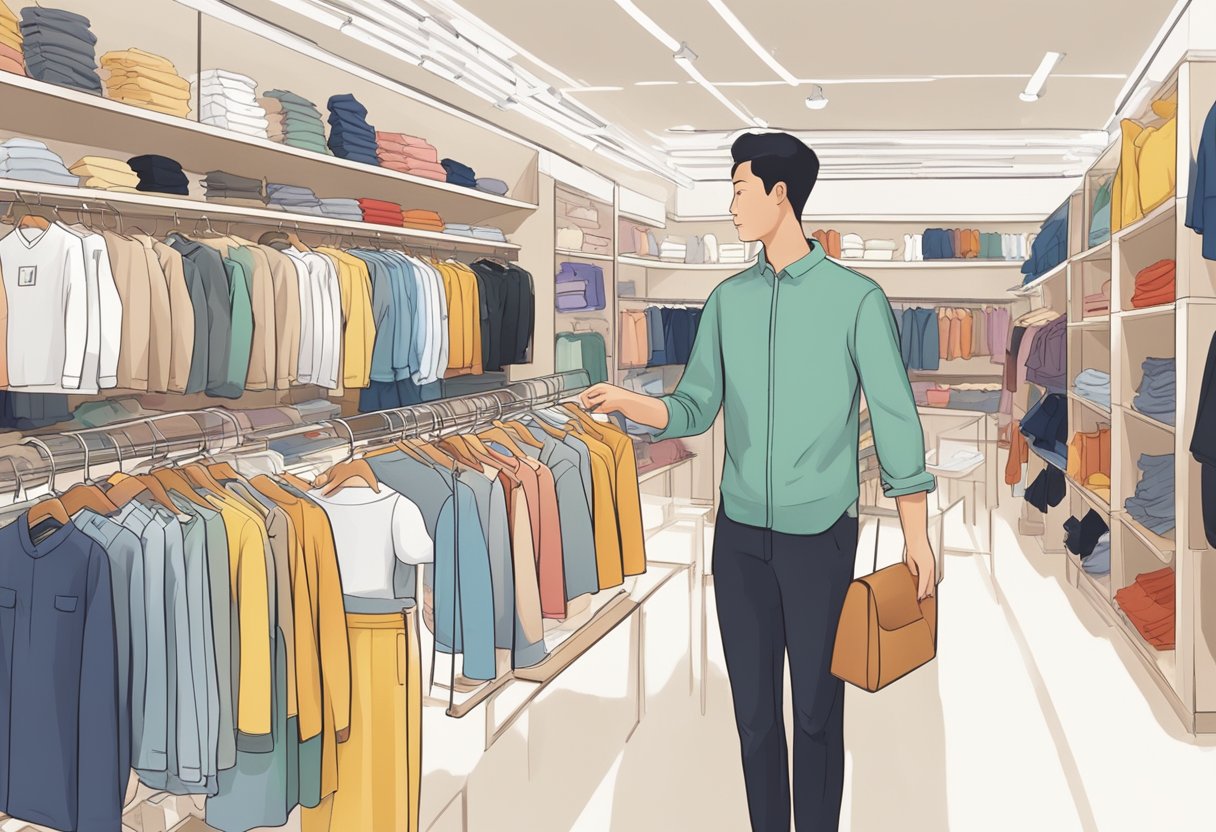 Customers browsing through neatly organized racks of clothing at a bright and spacious Uniqlo store in Singapore. Friendly staff assist with fitting and styling