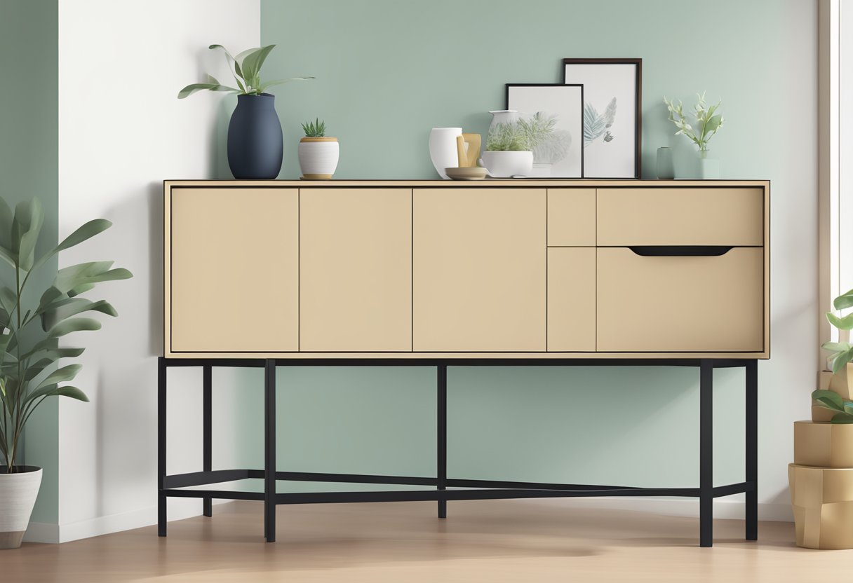A sideboard cabinet labeled "Frequently Asked Questions" in a modern Singapore setting, with clean lines and minimalistic design