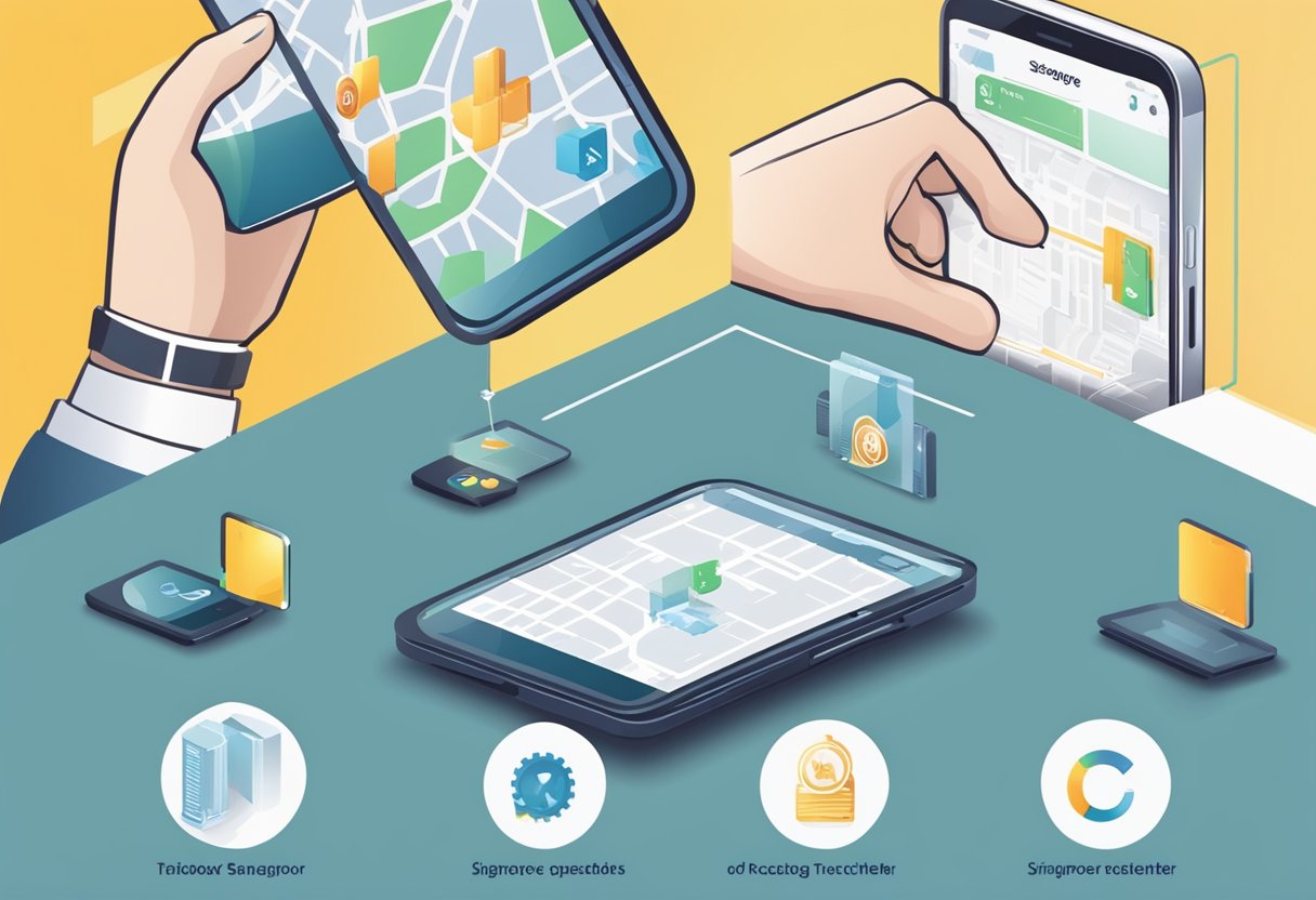A hand reaches out to deploy a Singapore TraceTogether token, then places it near a smartphone for usage