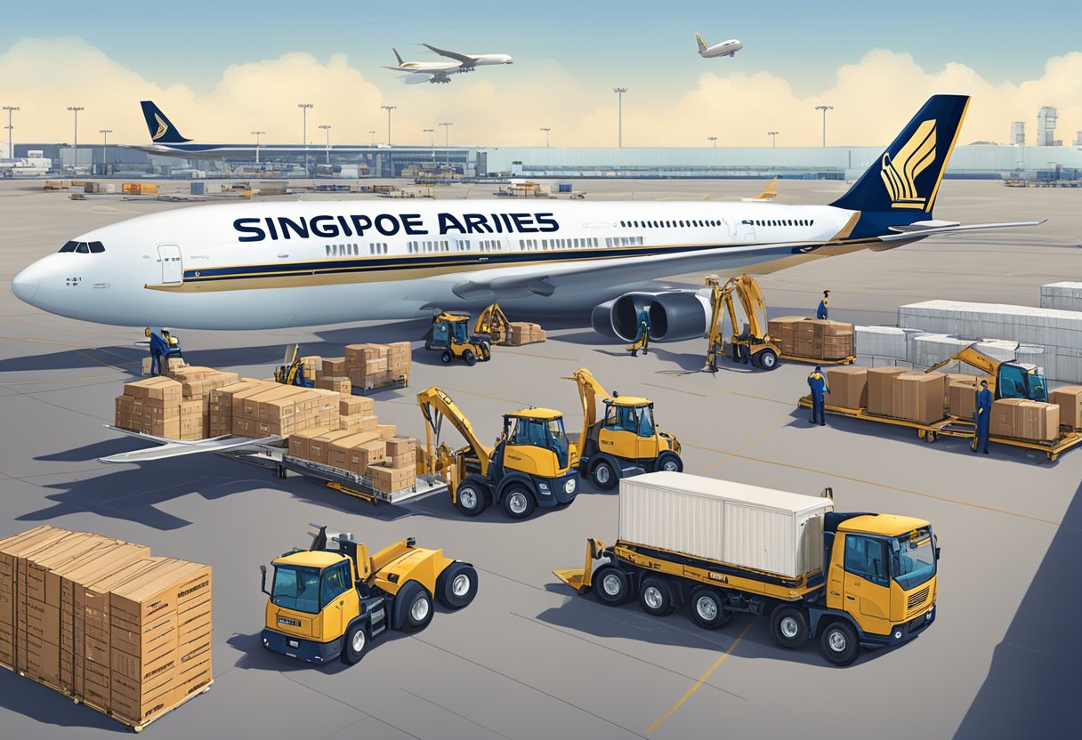 A bustling cargo terminal with Singapore Airlines planes being loaded and unloaded by ground crew and forklifts