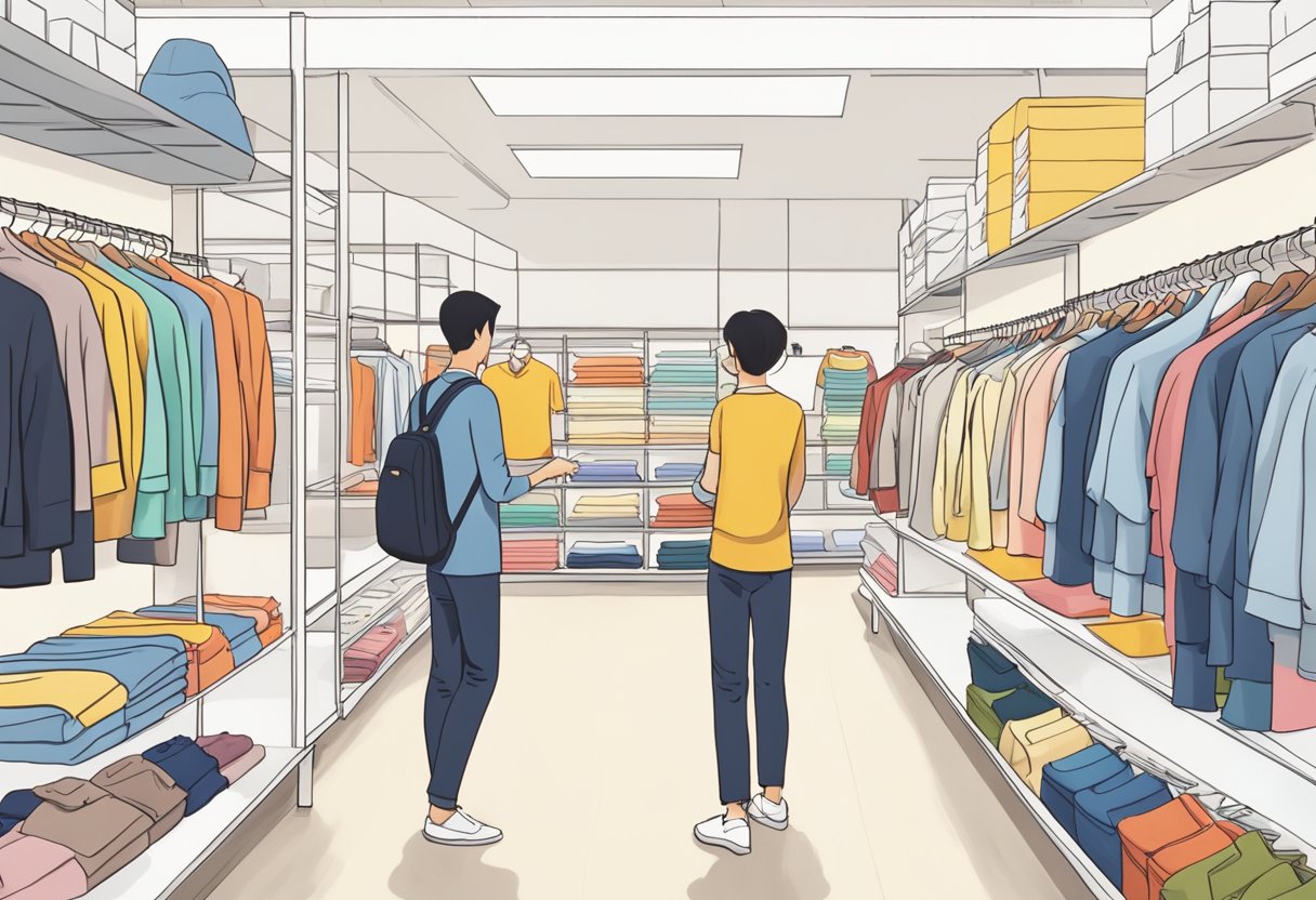 Customers browse through neatly organized racks of clothing at a bright and spacious Uniqlo store in Singapore, while a friendly staff member assists a customer with a question