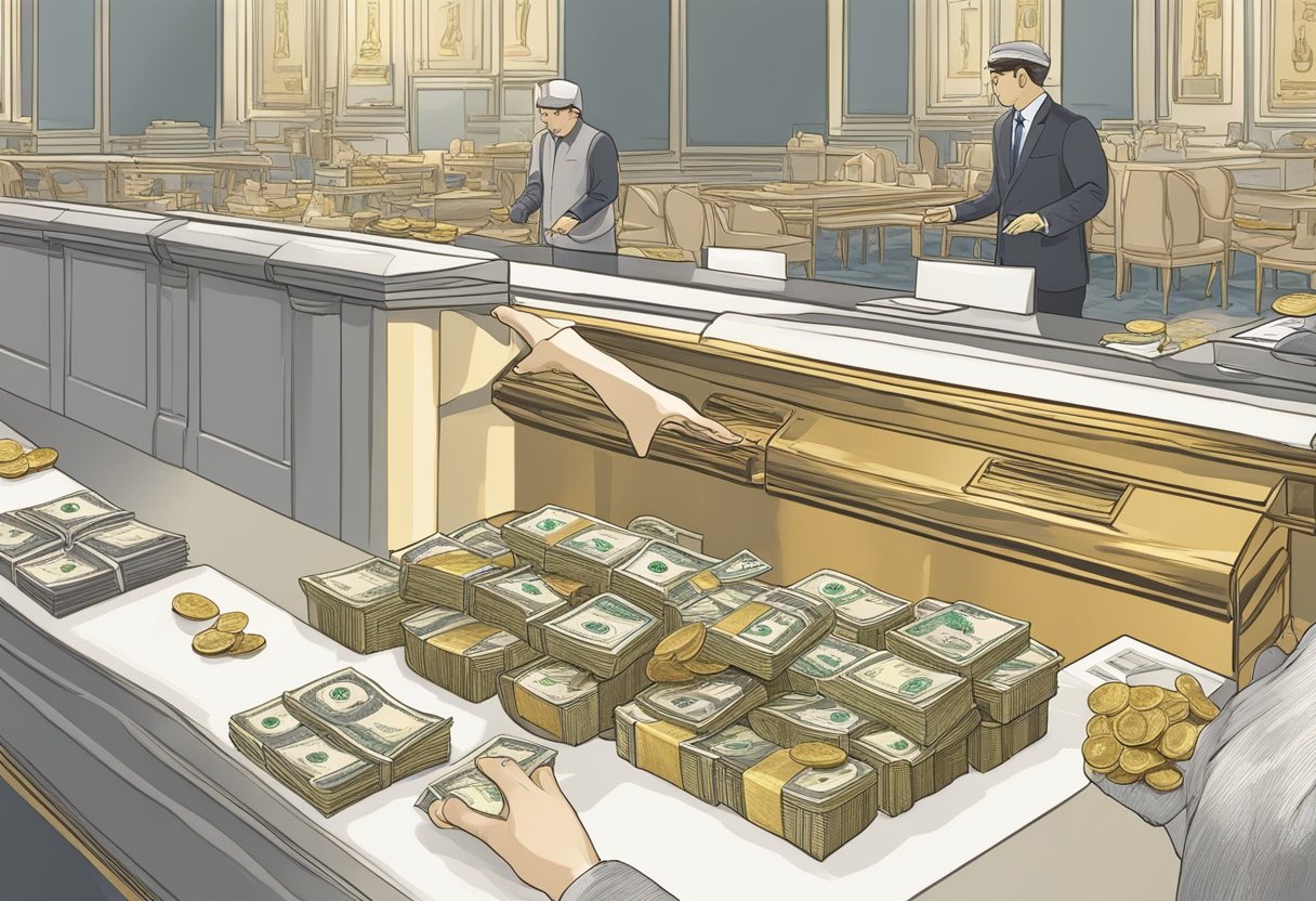 A hand reaches across a counter, exchanging gold for cash in Singapore. The transaction is completed