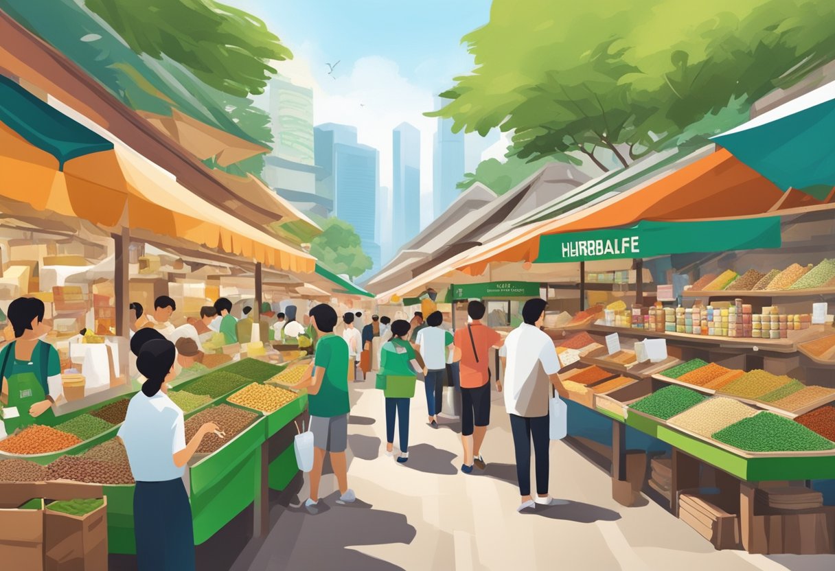 A bustling marketplace in Singapore, filled with vibrant colors and aromatic scents of herbs and spices. Stalls are lined with Herbalife products, showcasing their health and wellness offerings