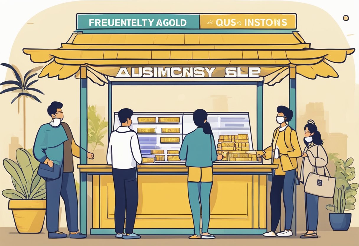 Customers lining up at a kiosk, exchanging gold for cash with a seller. Signage reads "Frequently Asked Questions sell gold singapore."
