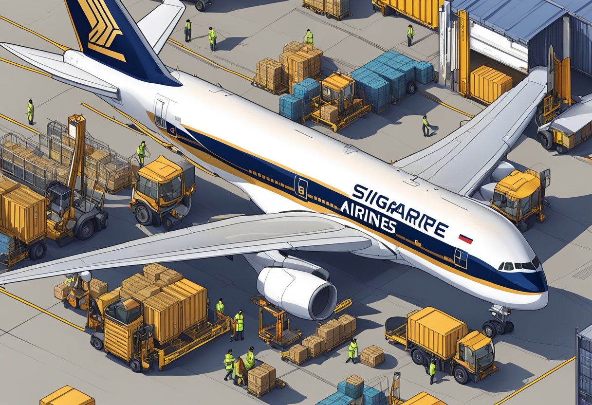 A Singapore Airlines cargo plane sits on the tarmac, surrounded by bustling activity as workers load and unload cargo containers onto the aircraft