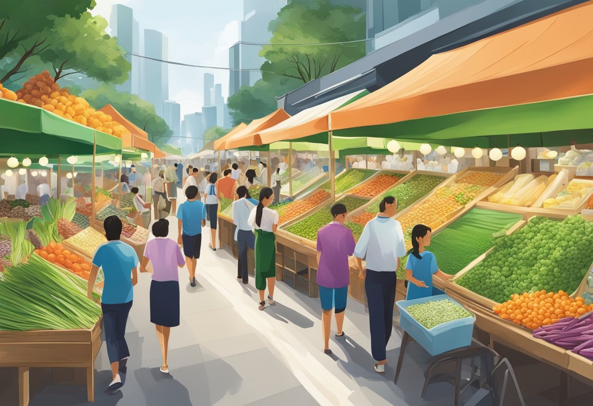 A bustling Singapore street market showcases Herbalife products and vibrant local herbs