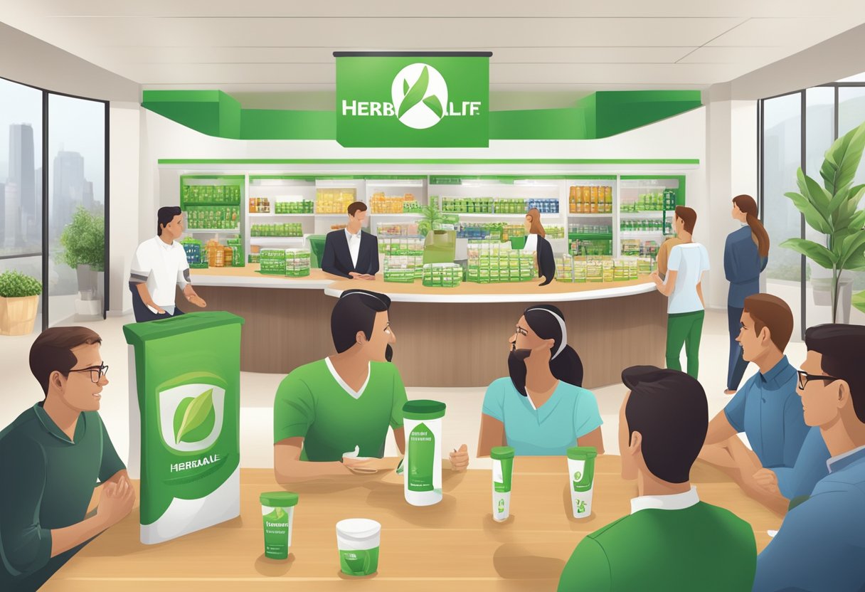 A table with Herbalife products displayed, surrounded by customers asking questions to a knowledgeable representative