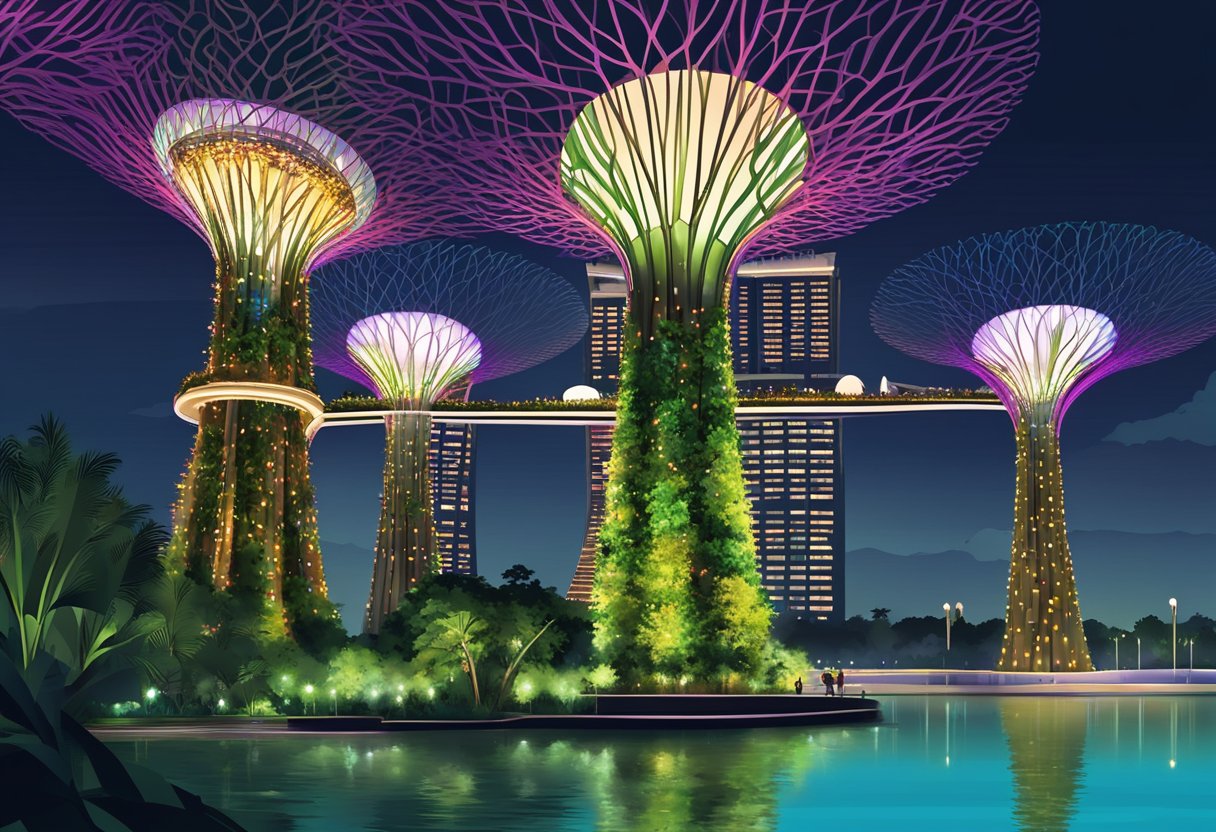 The Singapore Gardens by the Bay at night: towering super trees illuminated with colorful lights, reflecting in the calm waters of the bay, creating a stunning and futuristic landscape