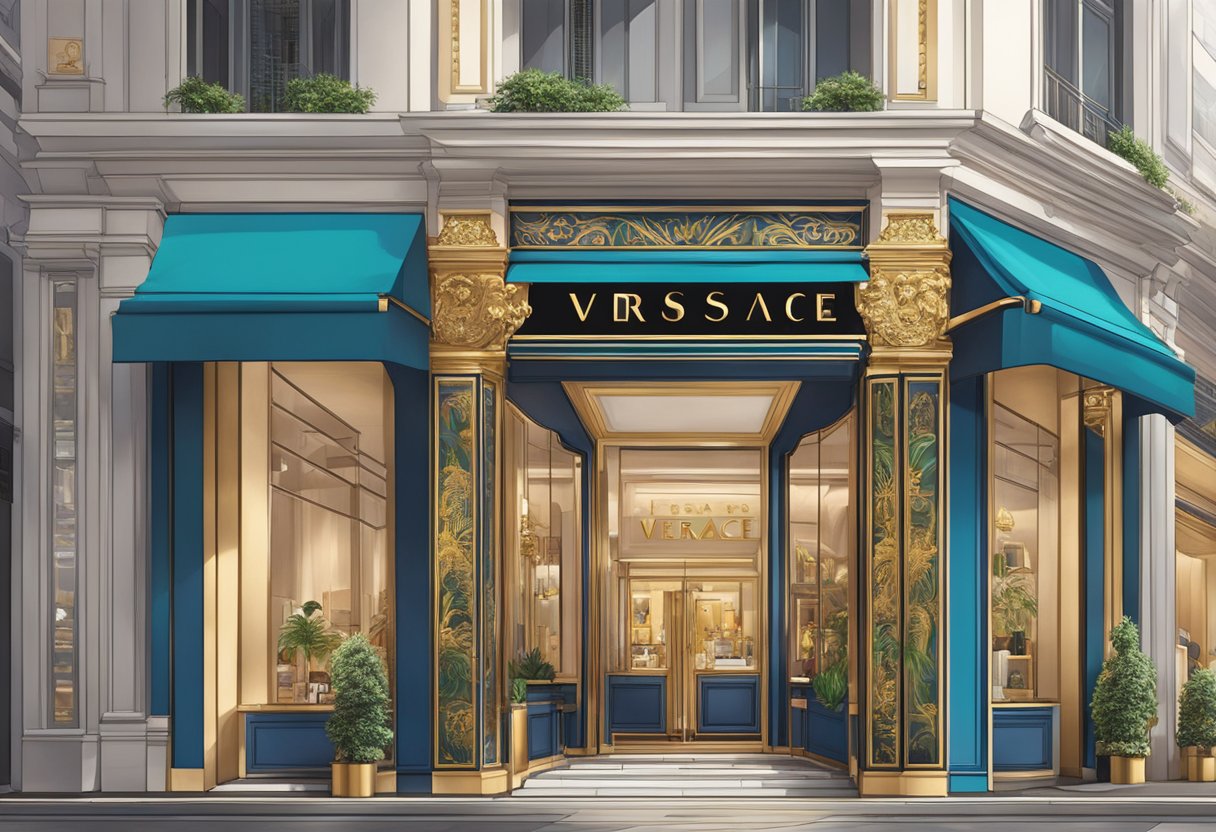 A luxurious storefront with bold Versace signage in the heart of Singapore's bustling city center