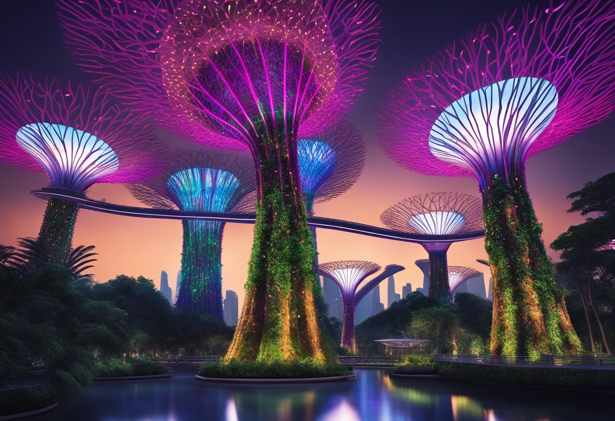 Vibrant lights illuminate the futuristic Supertree Grove at Gardens by the Bay, casting a mesmerizing glow over the surrounding gardens and creating a captivating nighttime scene