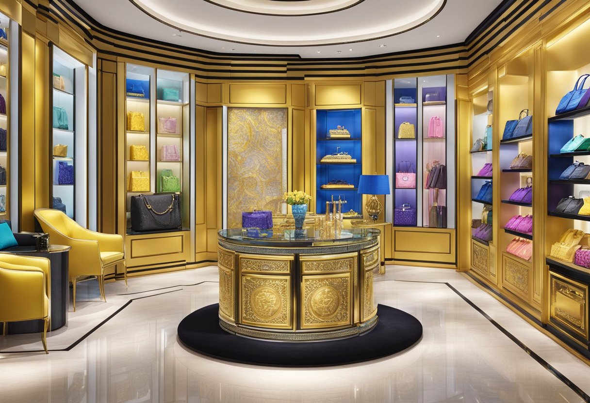 A luxurious display of Versace's products in a high-end boutique in Singapore, with vibrant colors and intricate details
