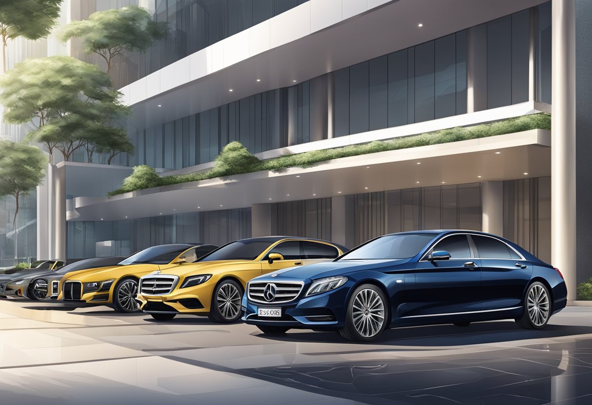 Luxury cars lined up outside a sleek building in Singapore, with valets in uniform opening doors for arriving guests