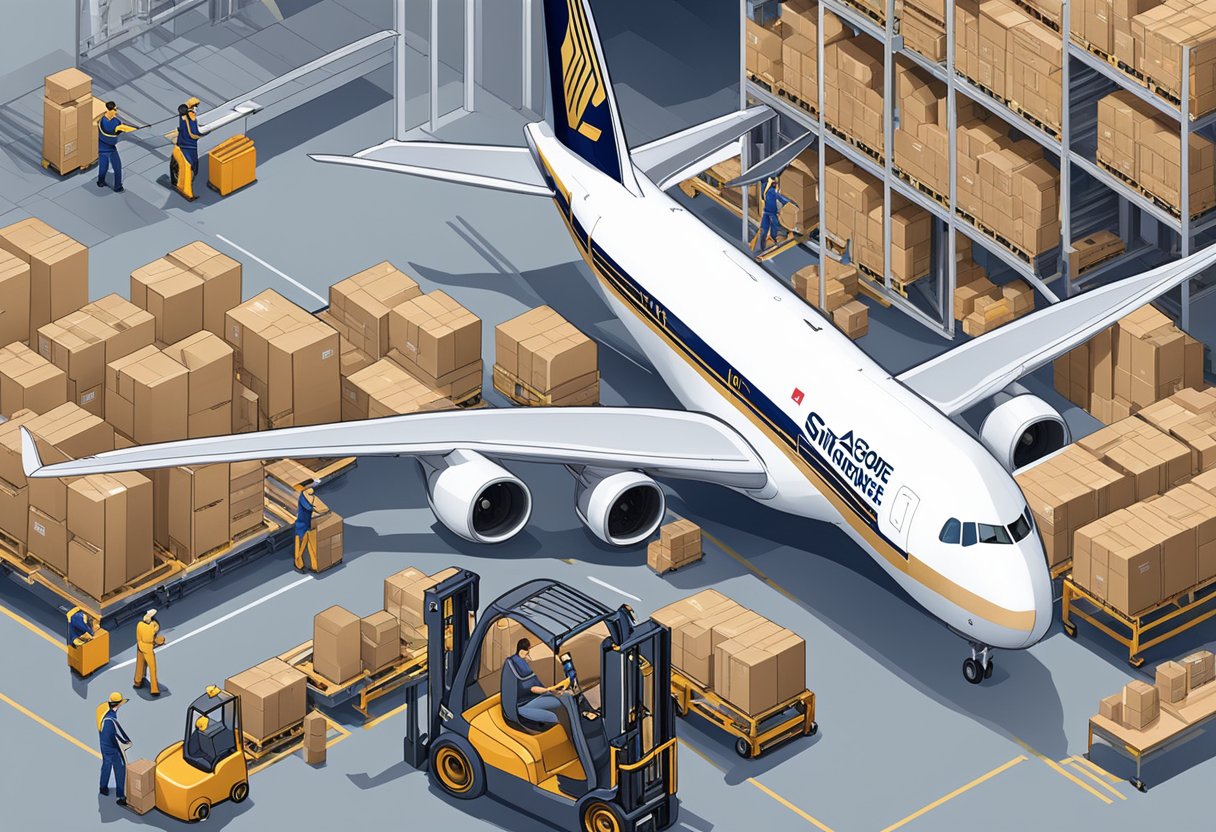 A bustling cargo warehouse with workers loading and unloading goods onto Singapore Airlines planes. Boxes and crates stacked neatly, with forklifts and conveyor belts in motion