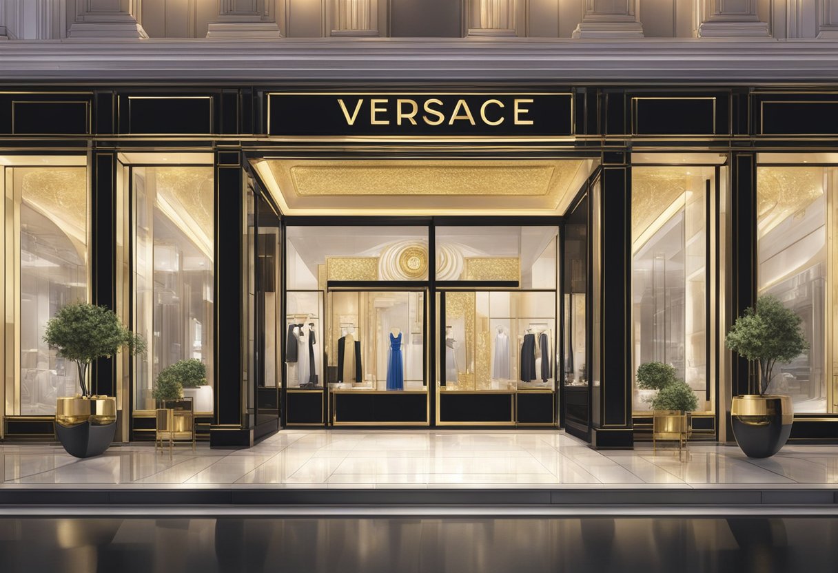 A luxurious, modern storefront with the iconic Versace logo prominently displayed. Bright lights illuminate the sleek, polished surfaces, drawing attention to the opulent and stylish merchandise on display