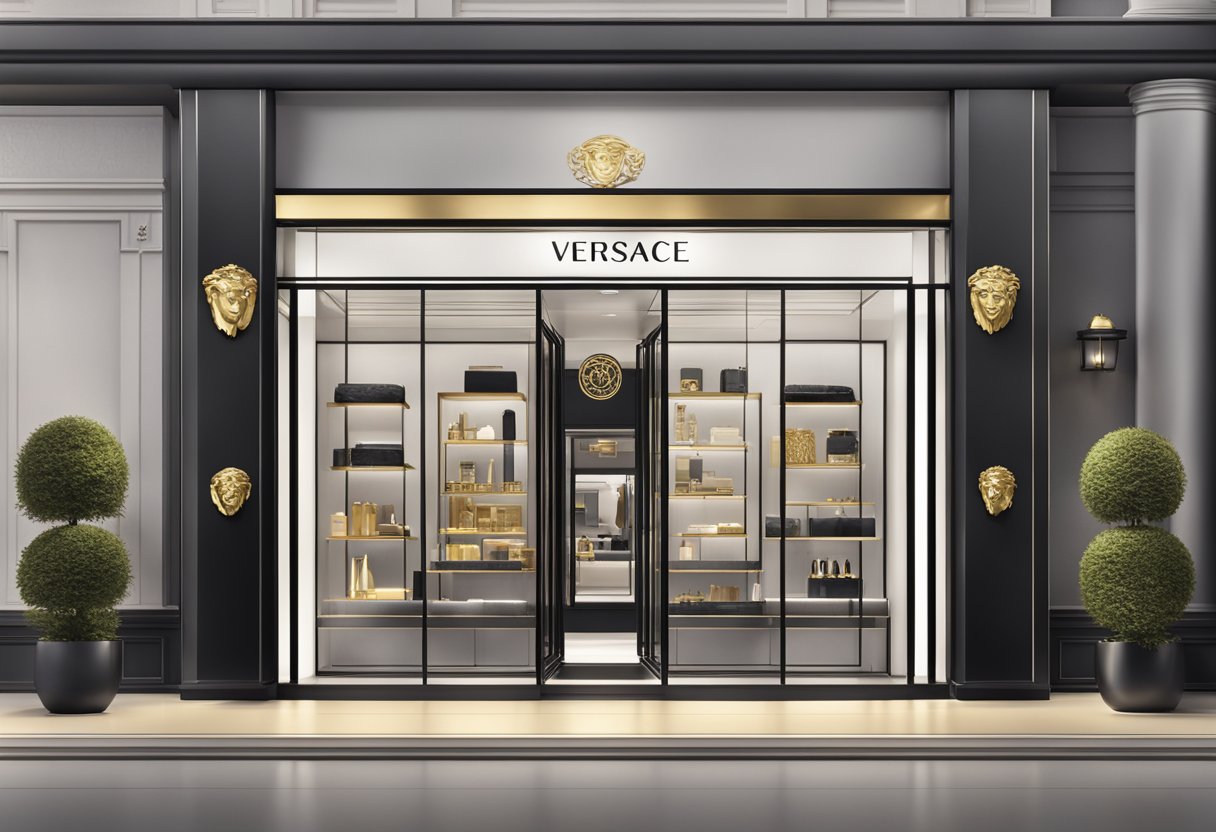 A sleek, modern storefront with bold Versace branding and a display of luxury products