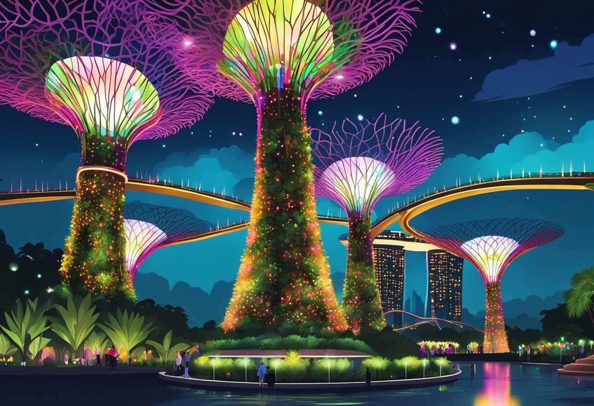 A nighttime scene at Singapore's Gardens by the Bay, with glowing Supertrees and colorful lights, attracting visitors for a mesmerizing experience