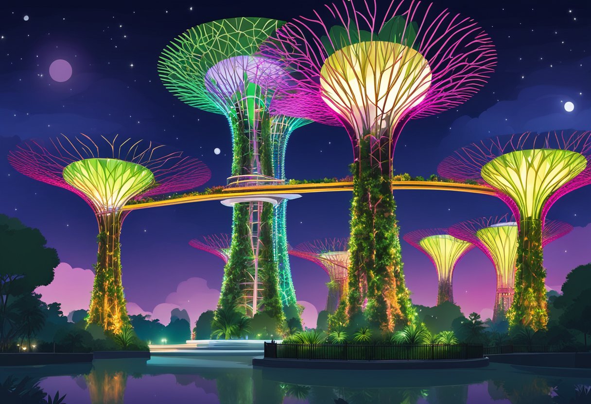 The iconic Supertree Grove at Gardens by the Bay in Singapore, illuminated with colorful lights against the night sky