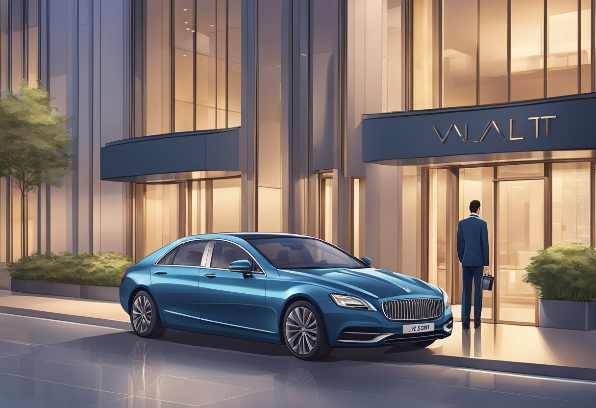 A luxury car pulls up to a sleek, modern building. A valet attendant in a sharp uniform opens the door and greets the driver with a warm smile. The surrounding area is clean and well-lit, with clear signage indicating the valet