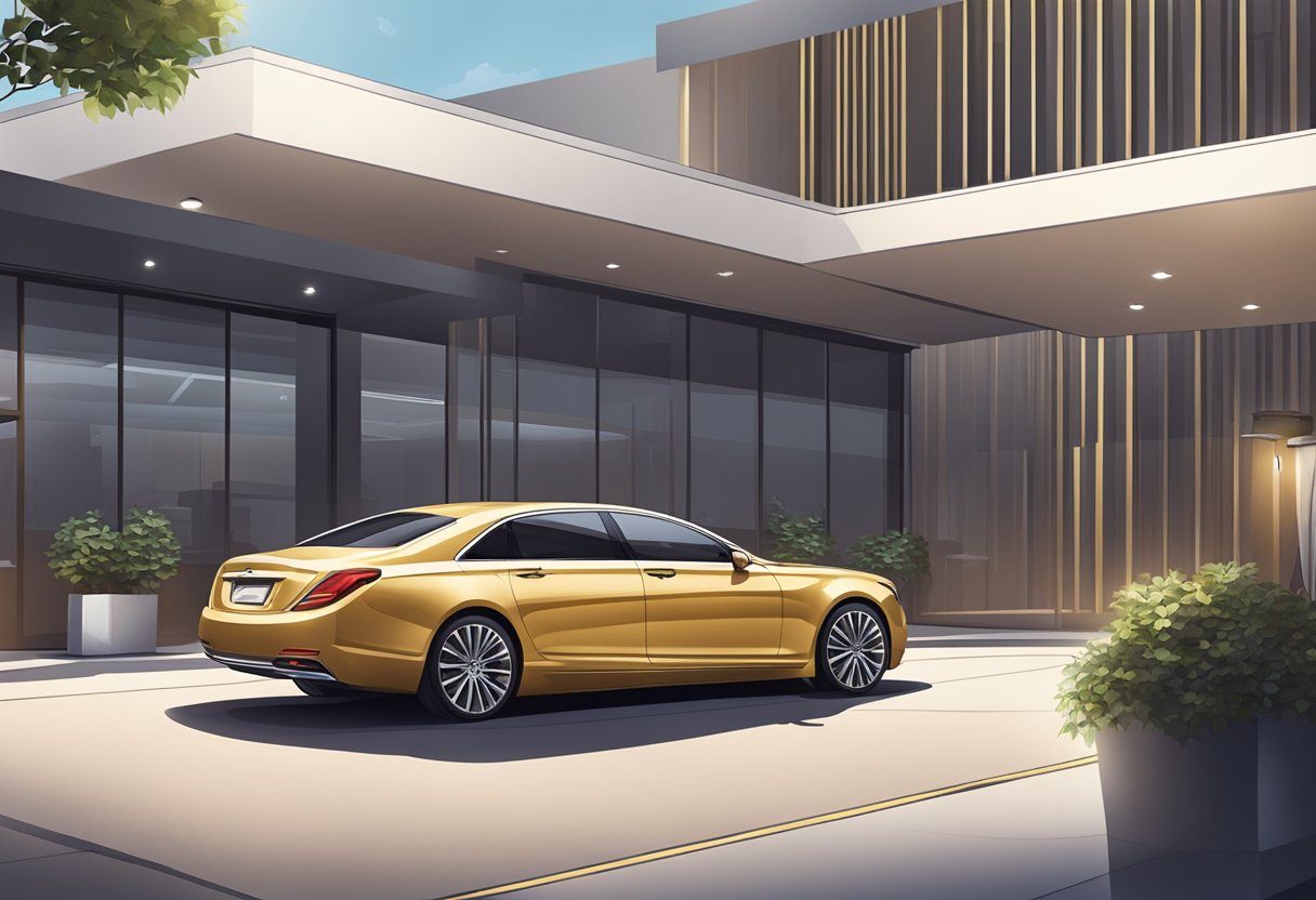 A luxury car being parked by a valet in a well-lit, spacious and secure parking area with clear signage indicating the valet service