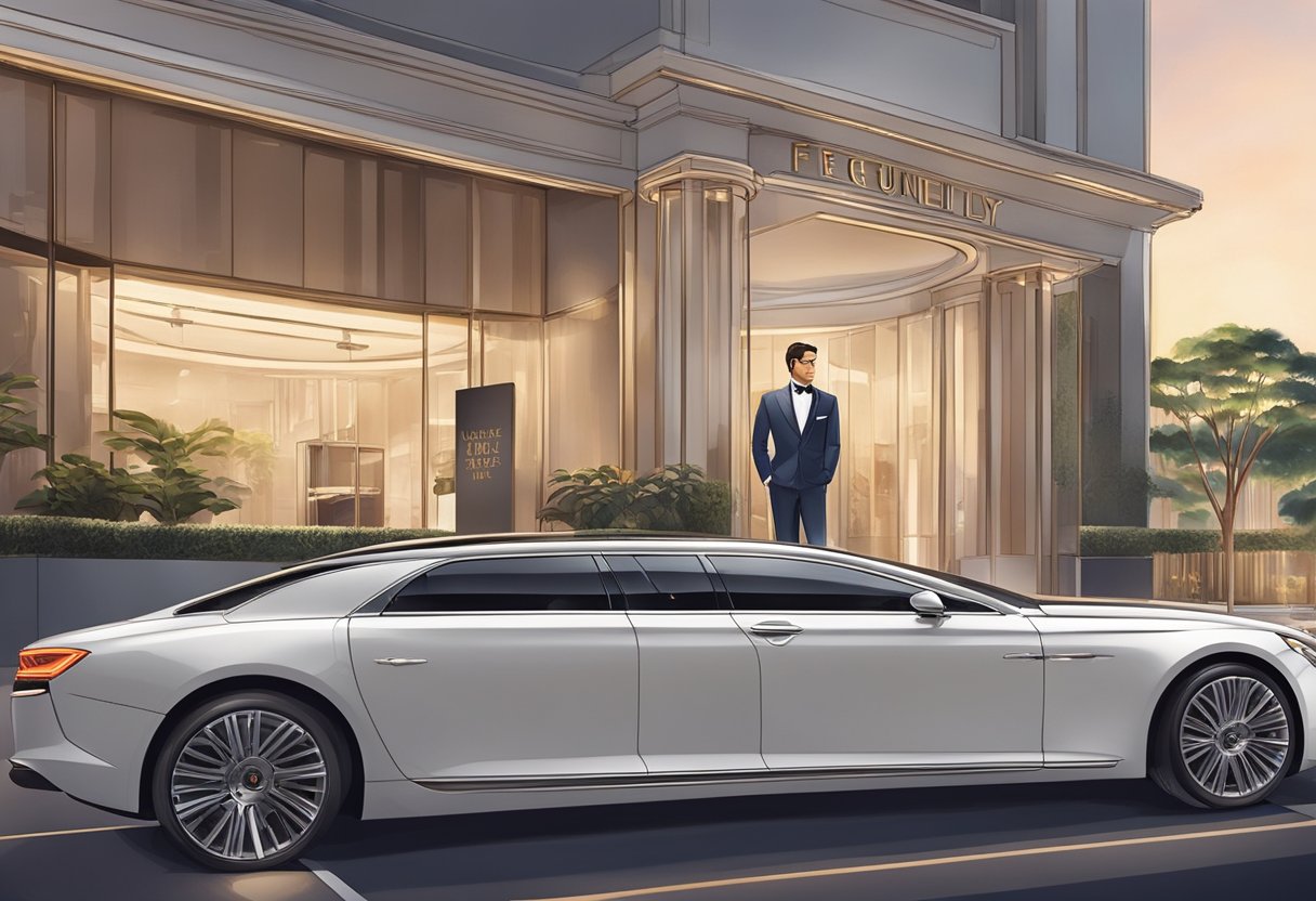 A valet stands in front of a luxury car, ready to assist customers. The valet booth is adorned with a sign that reads "Frequently Asked Questions valet singapore."