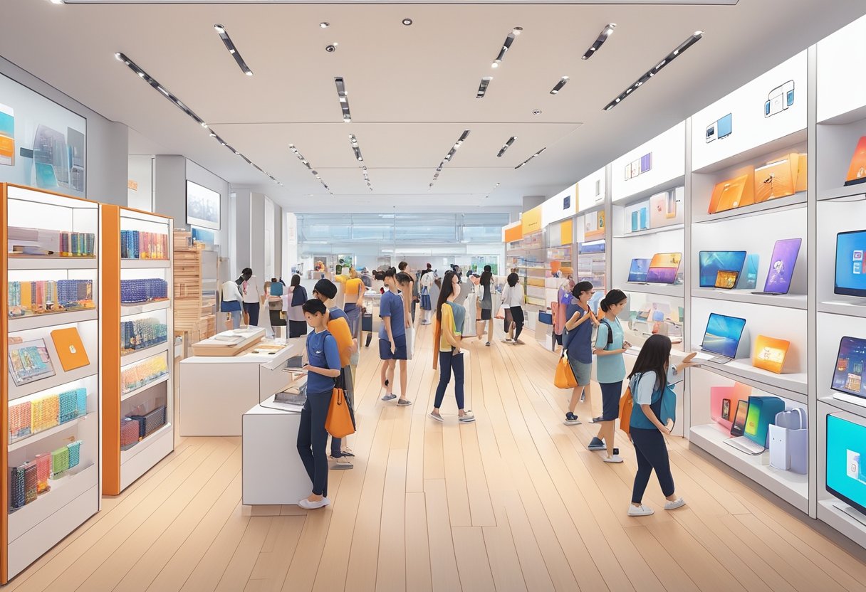 The bustling Xiaomi store in Singapore, filled with colorful displays and cutting-edge technology. Shoppers browse the latest gadgets and accessories, while staff assist customers with their purchases
