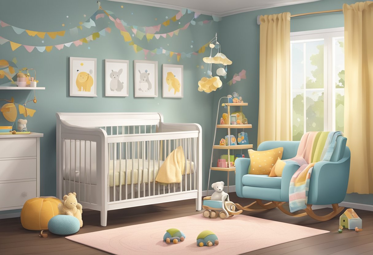 A cozy nursery with colorful toys and soft bedding, a gentle rocking chair, and a soothing mobile above