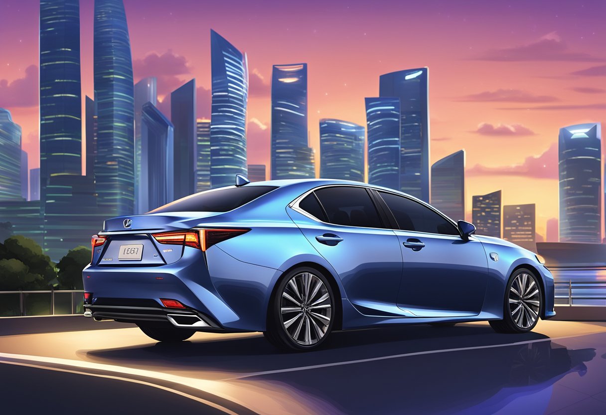 A sleek Lexus sedan parked in front of the iconic Singapore skyline, with the city's futuristic architecture and vibrant lights in the background