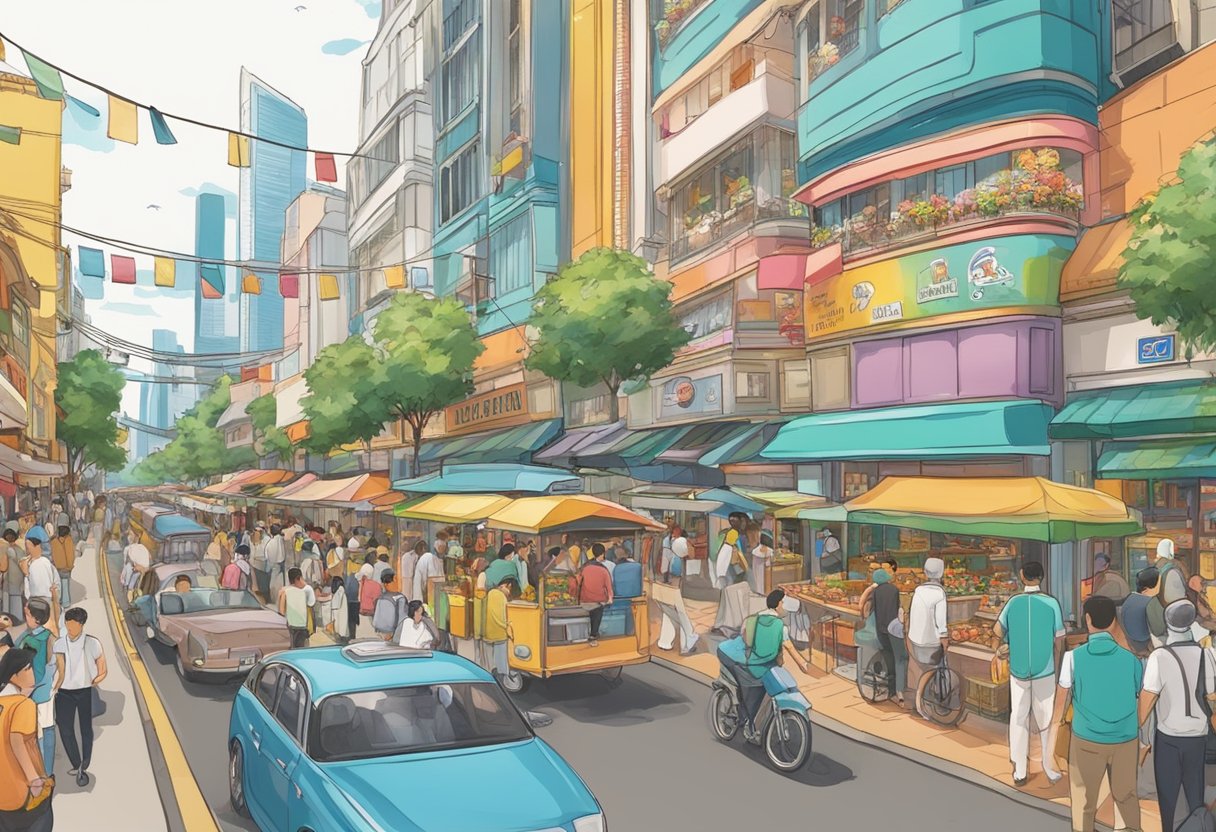 A bustling street in Singapore, with colorful signs and bustling crowds, featuring a prominent Kenny Rogers restaurant