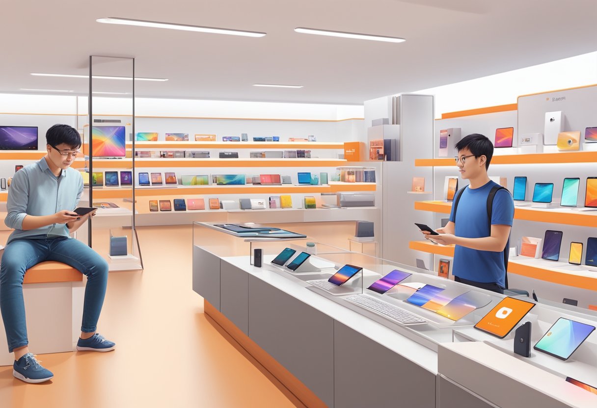 Customers browsing gadgets in Xiaomi Store, Singapore. Shelves filled with tech products, colorful displays, and interactive demos