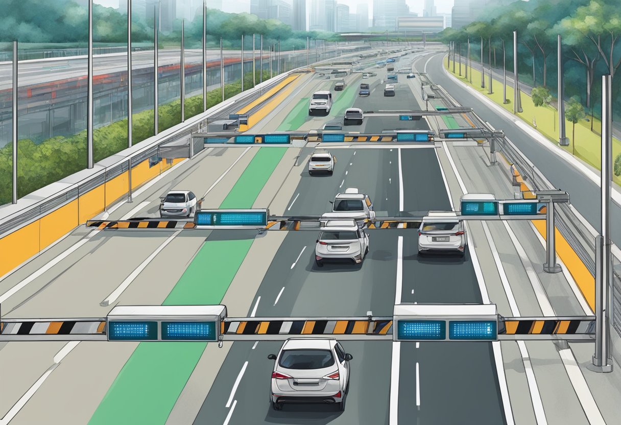 At Singapore's checkpoint, cameras monitor vehicles entering the country. The cameras are positioned on tall poles and have a wide field of view